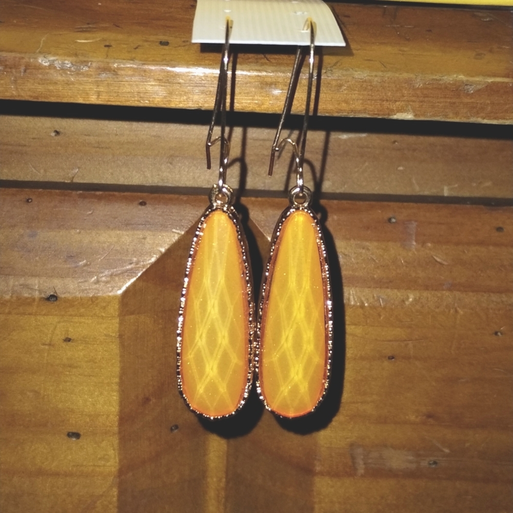 Brand New Never Worn Orange & Gold 3¼ drop Hook Teardrop Earrings